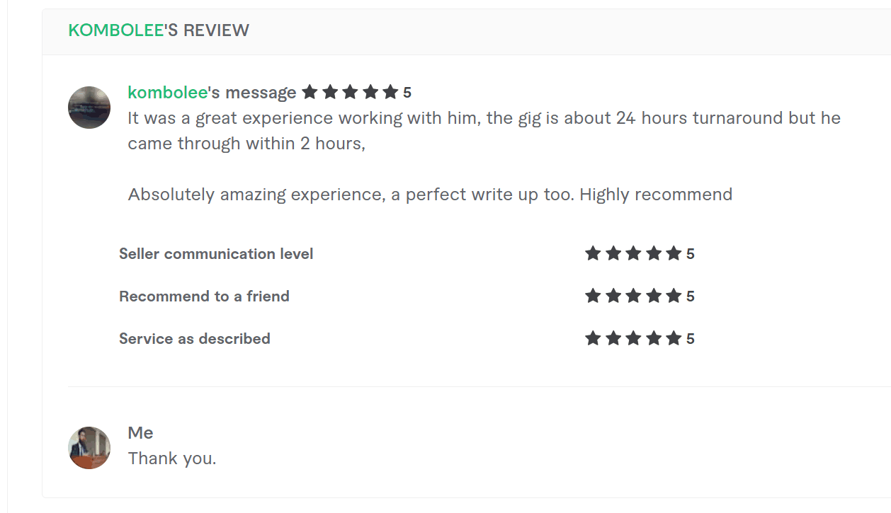 Five star review praising a two hour turnaround