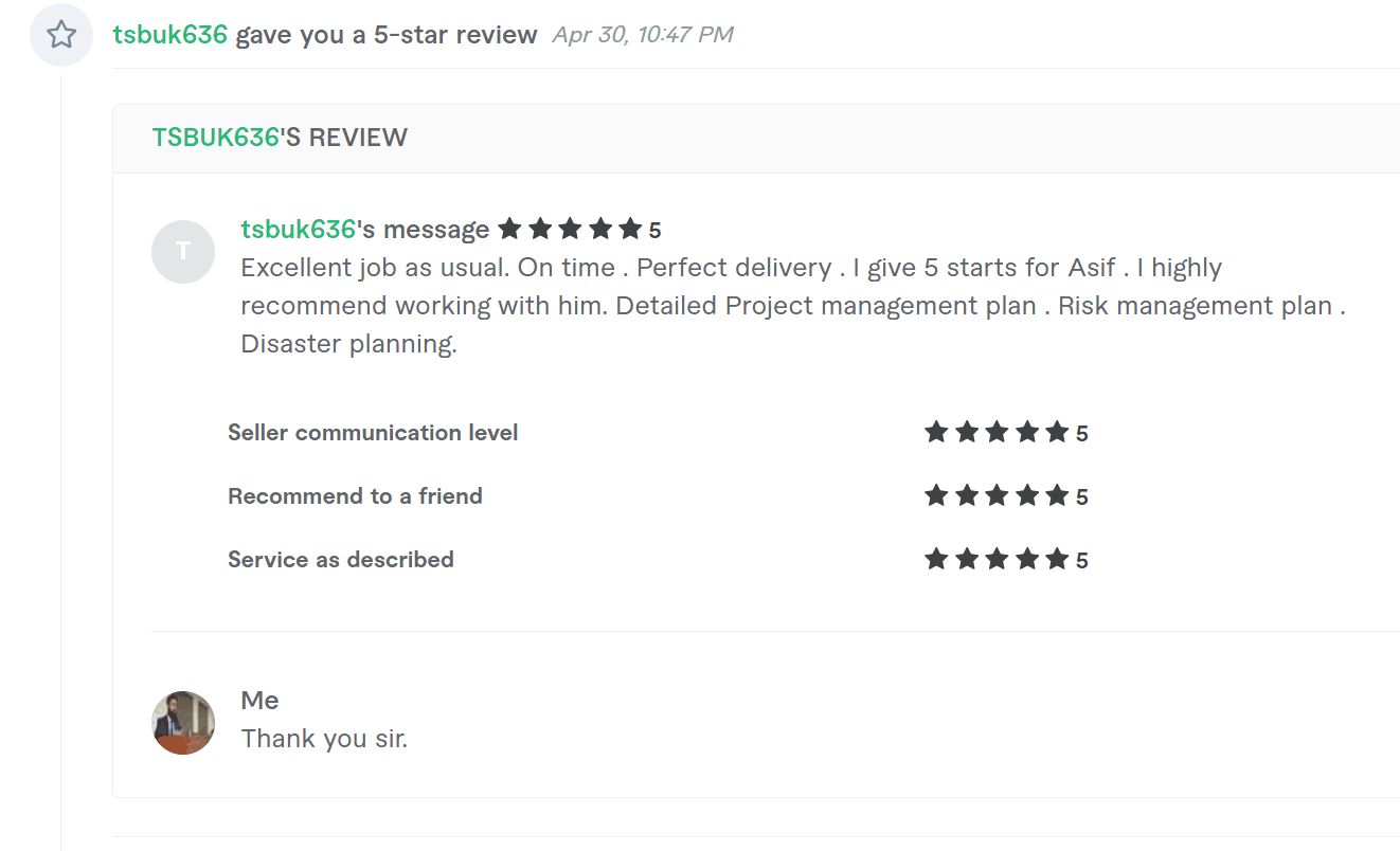 Five star review for project, risk and disaster planning