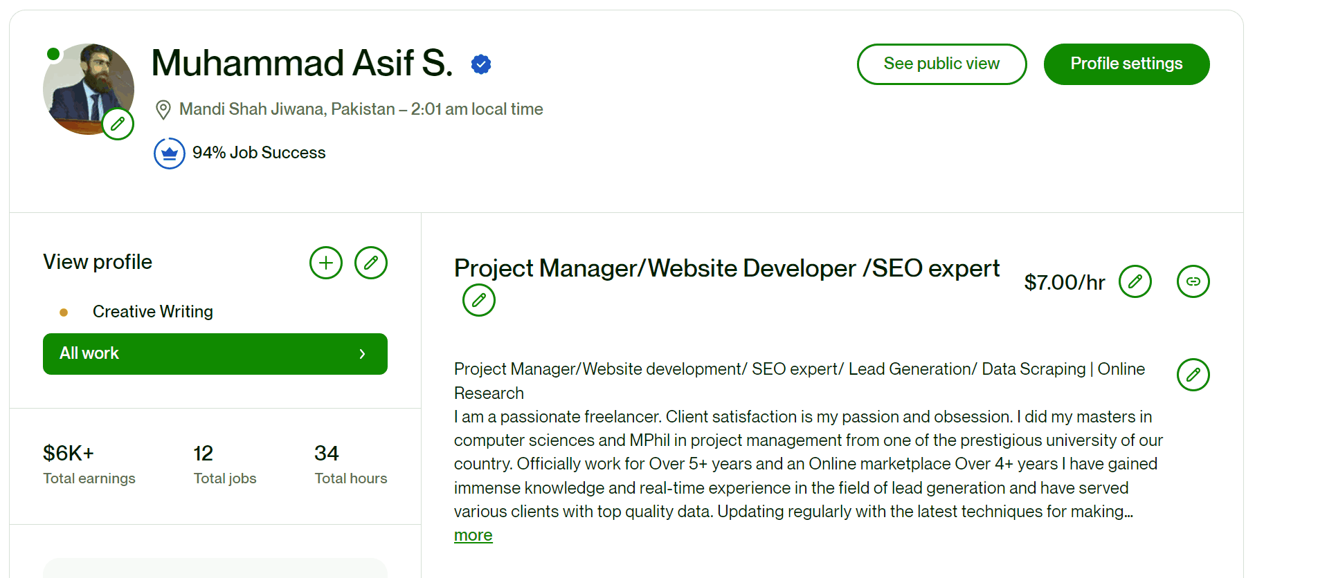 Upwork profile showing 94 percent job success